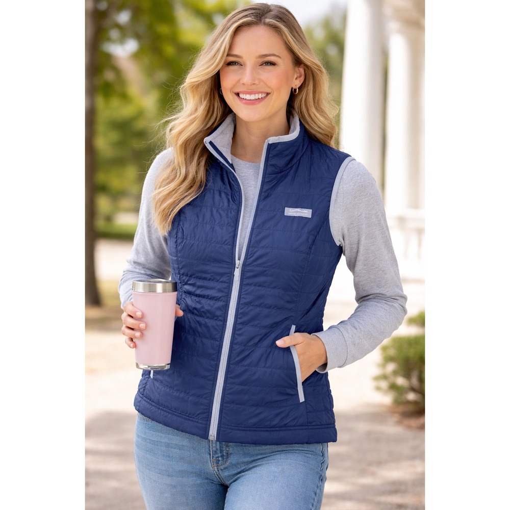 Lauren James Preptec Vest Women's Small Navy Blue Quilted Zip Front Preppy Plaid